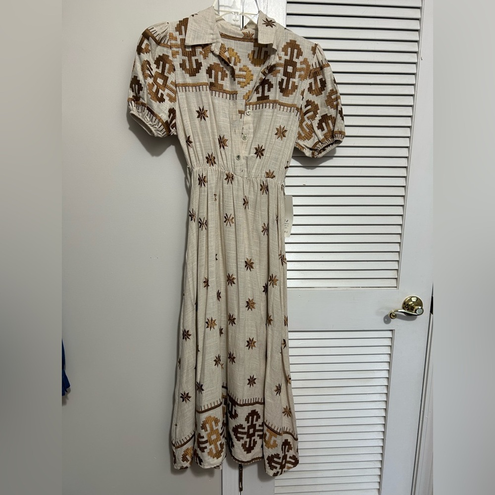 Cream and Brown Puff Sleeve Midi Sundress